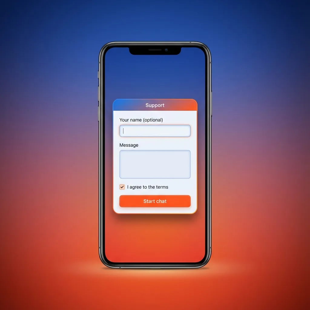 Schermata app Winnita con icone chat, email, modulo e FAQ per assistenza clienti su pagamenti e uso da mobile