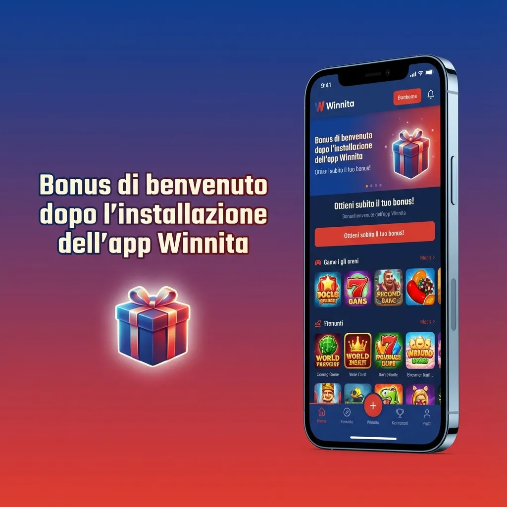 Schermata app Winnita con evidenza bonus di benvenuto fino a 1.500€ + 300 giri gratis e promozioni casino e scommesse