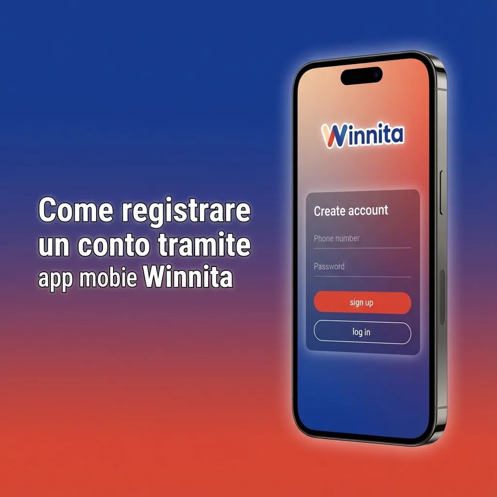 Illustrazione schermata app Winnita su iPhone con passaggi numerati per registrare e convalidare un nuovo conto di gioco