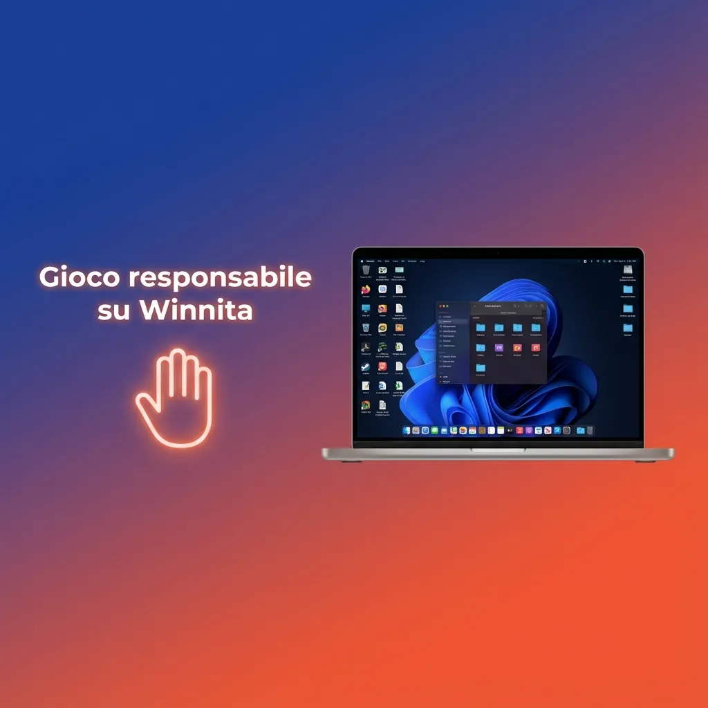 Illustrazione di giocatore sereno al computer con icone di limiti di tempo e denaro per il gioco responsabile su Winnita