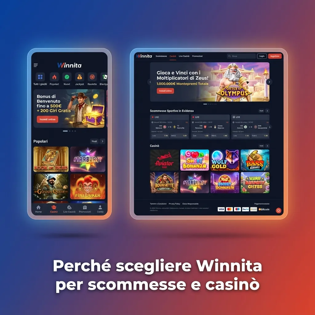 Grafica promozionale Winnita con elenco vantaggi per scommesse sportive e casinò dedicati al pubblico italiano
