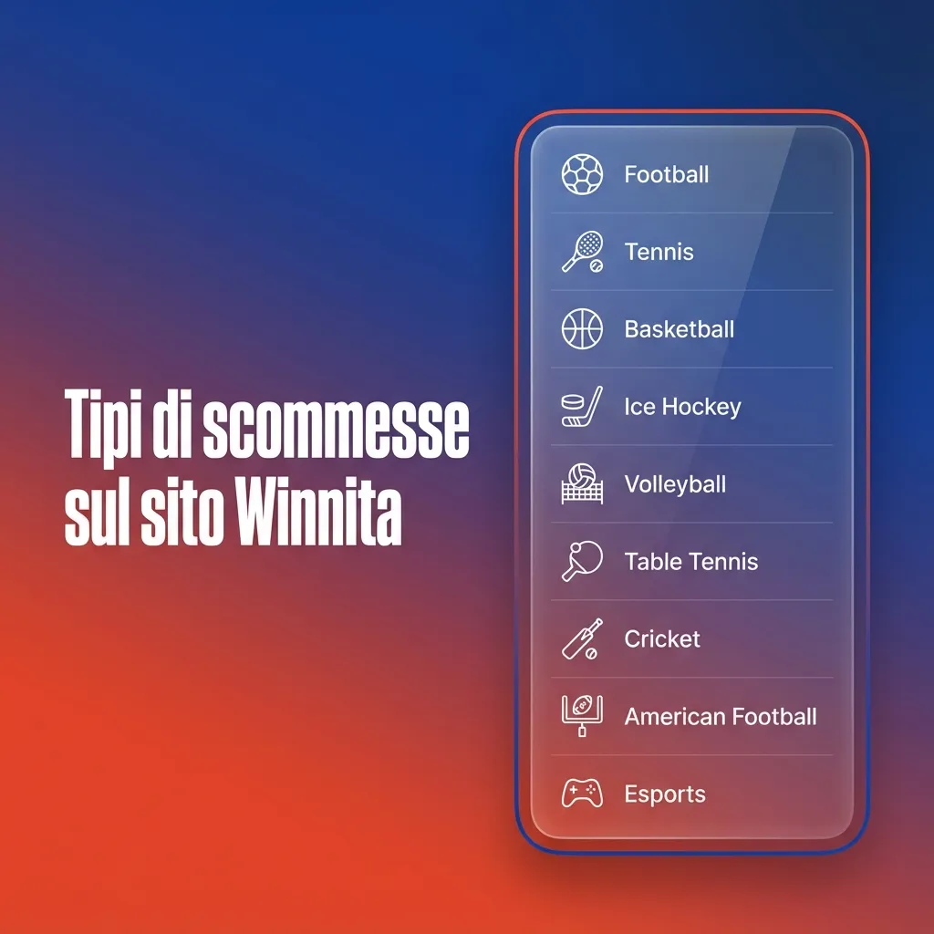Schermata Winnita scommesse sportive con icone di calcio, tennis, basket e motori e quote evidenziate sul monitor