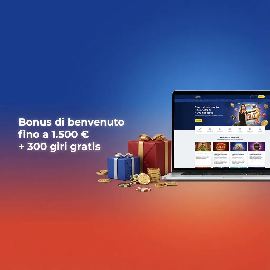 Banner promozionale casinò: bonus benvenuto fino a 1.500 € e 300 giri gratis con dettagli su depositi e requisiti di puntata