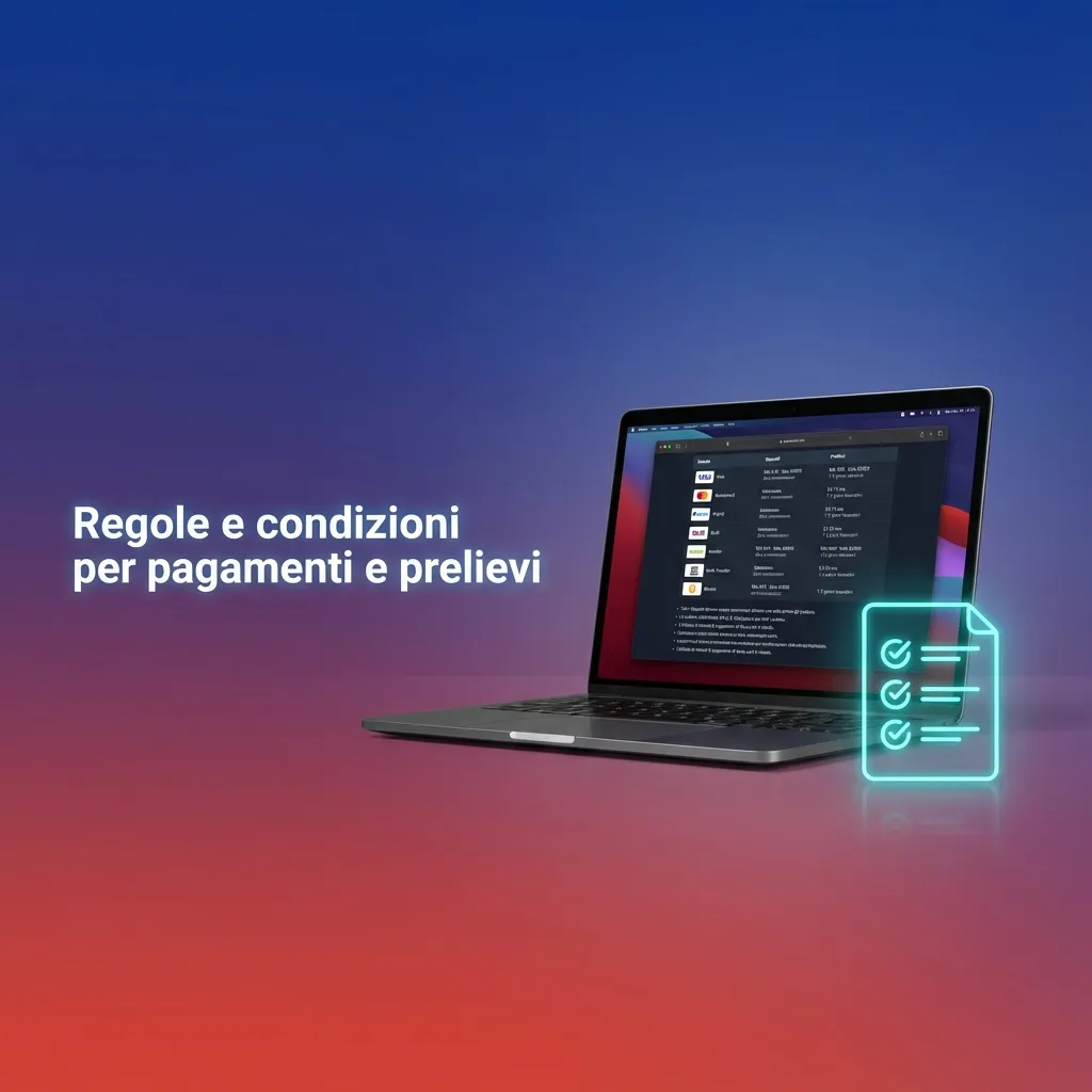 Infografica in italiano con icone che spiegano regole di deposito, prelievo, KYC, metodo di pagamento e controlli antifrode