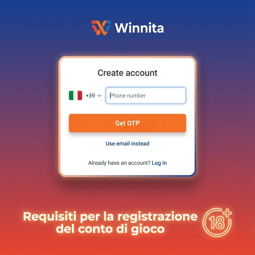 Schermata registrazione Winnita con elenco requisiti: maggiorenni, dati veritieri, un solo account, residenza in Italia, termini.